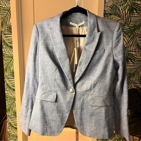 NWT Veronica Beard Blue Plaid Linen Cutaway Dickey Jacket Gold Buttons S… - Picture 2 of 13